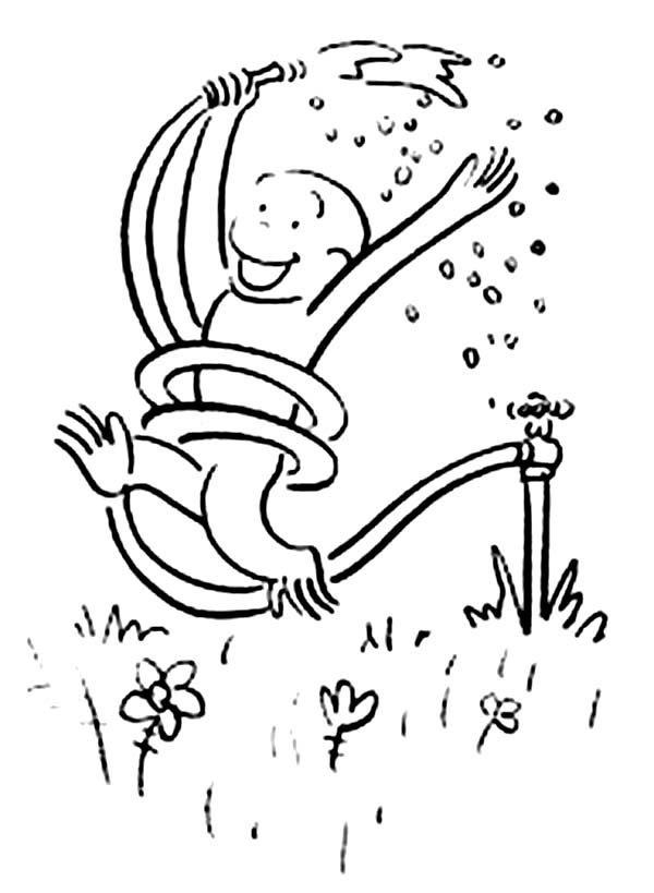 Curious George Playing Rain with Rubber Tube Coloring Page - NetArt